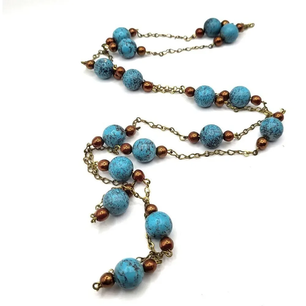 Vintage Southwest Style Turquoise Ceramic Beads Long Station Necklace 42in